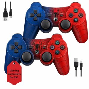 Hopevry 2 Pack PS3 Wireless Controller for Sony PlayStation 3 | Double Shock 3. Bluetooth. Rechargeable. Remote for PS3 | Including 2 USB Cables | Spider Man Theme